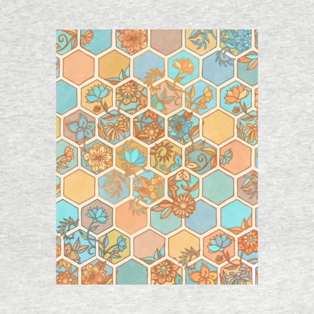 Golden Honeycomb Tangle - hexagon doodle in peach, blue, mint & cream by micklyn